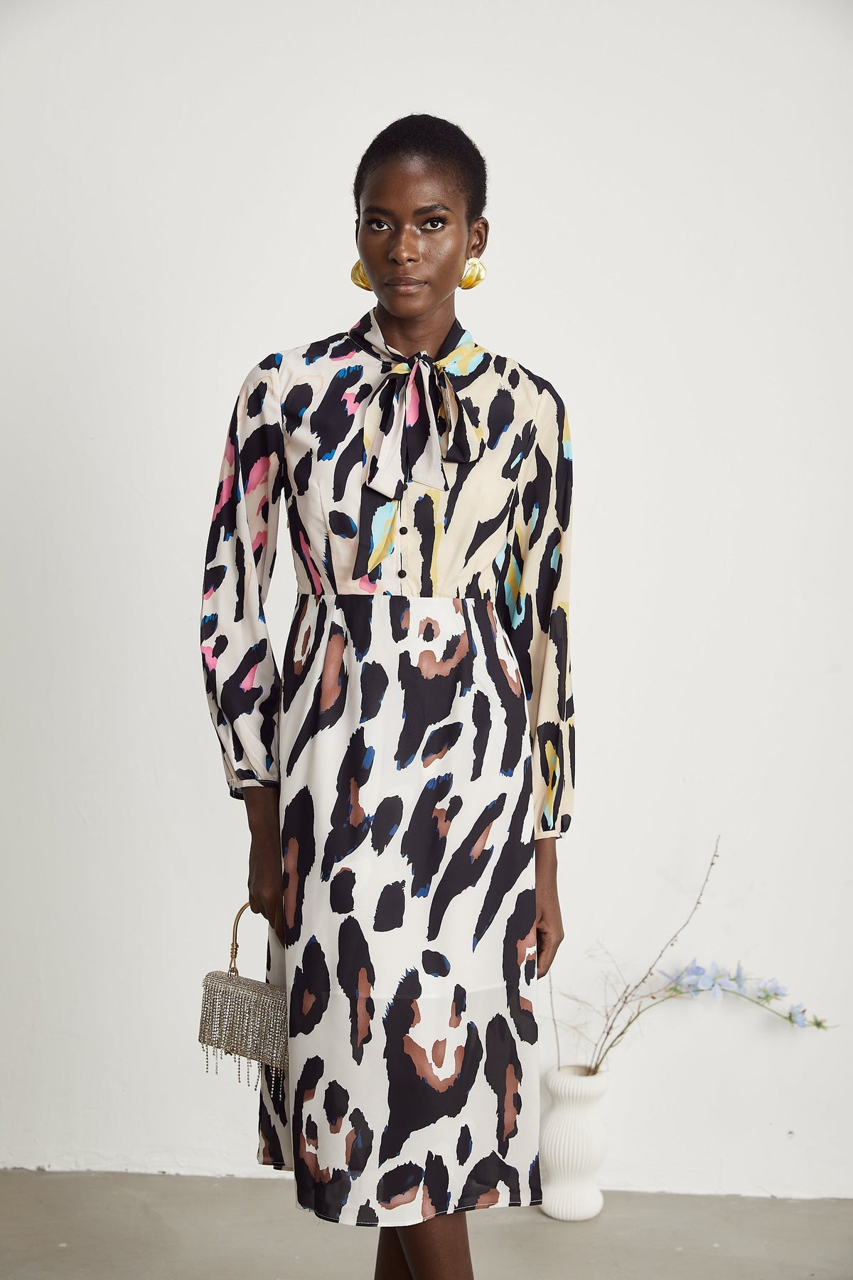 Kalena Leopar Desenli Midi Elbise