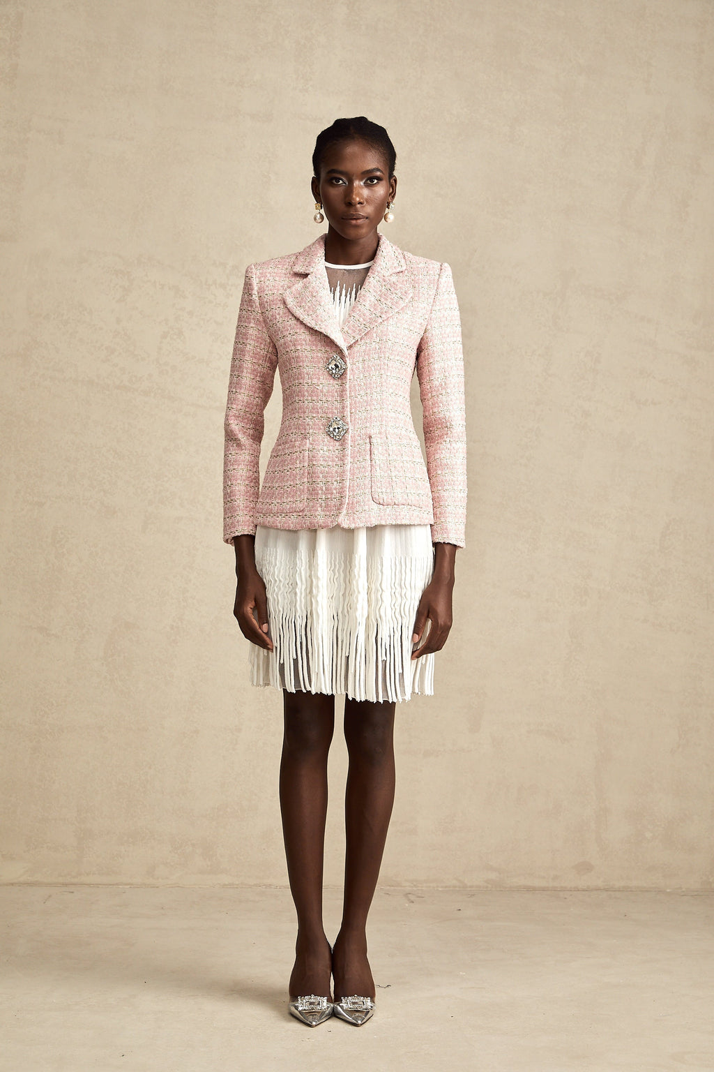Hélène Pembe Kristal Kareli Tüvit Blazer
