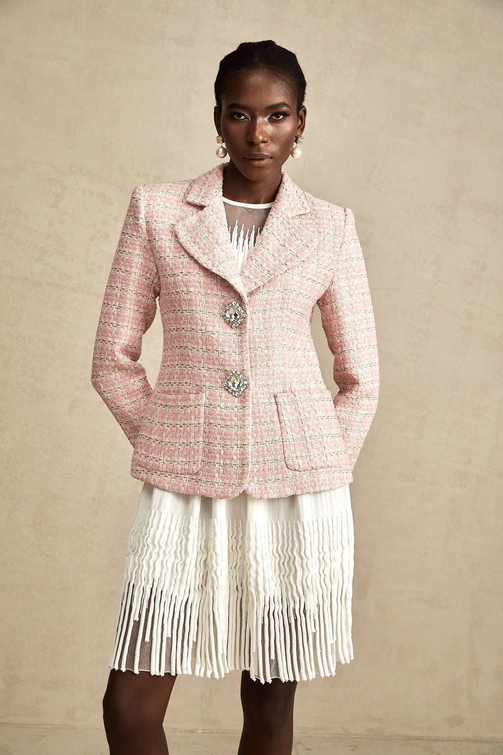 Hélène Pembe Kristal Kareli Tüvit Blazer