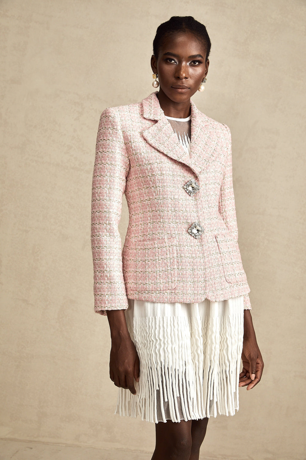 Hélène Pembe Kristal Kareli Tüvit Blazer