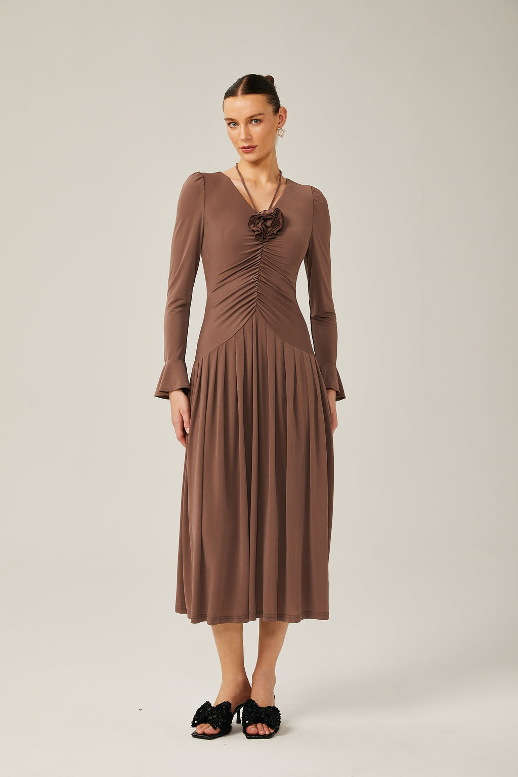 Jacqueline Kahverengi Dantelli Maxi Elbise