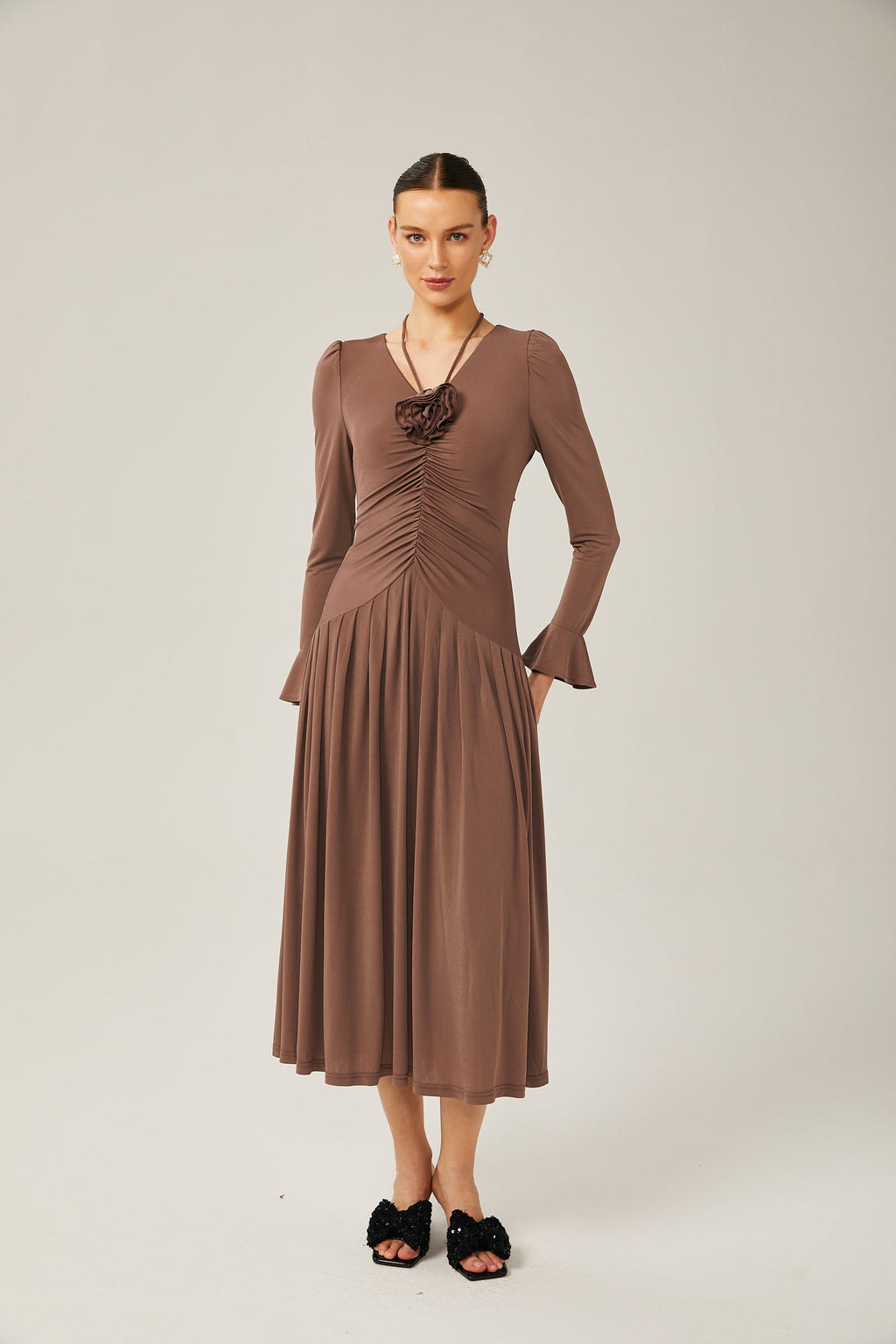 Jacqueline Kahverengi Dantelli Maxi Elbise