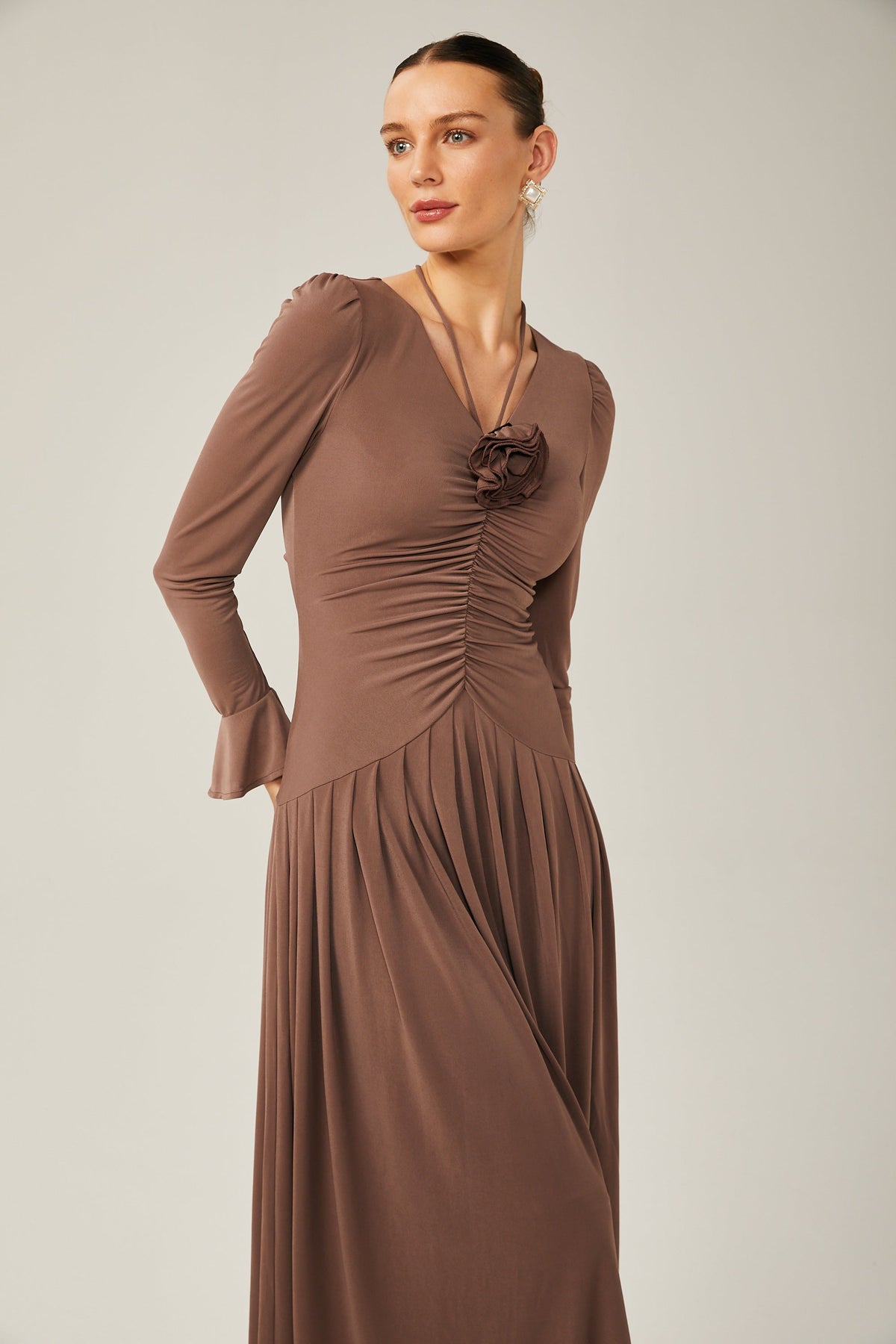 Jacqueline Kahverengi Dantelli Maxi Elbise