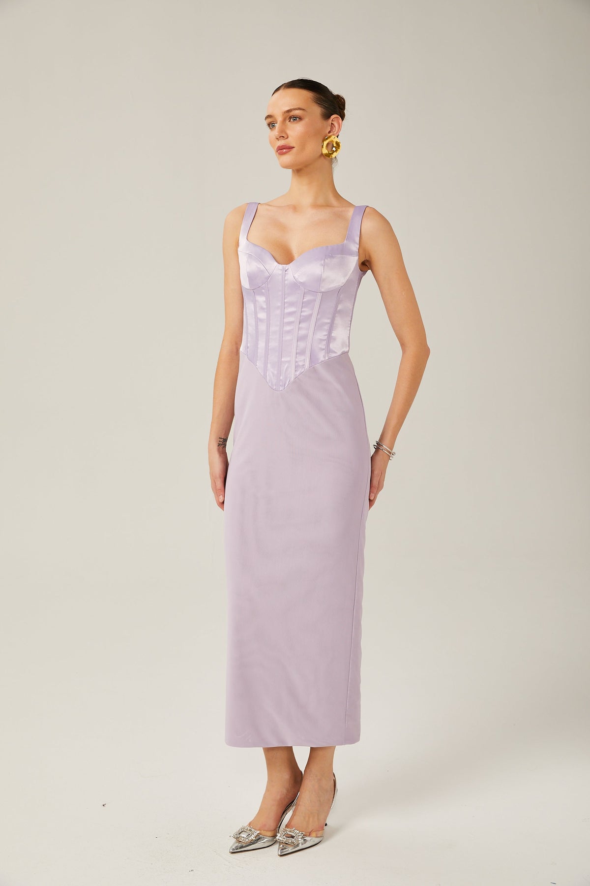 Amelina Mor Saten Korse Midi Elbise