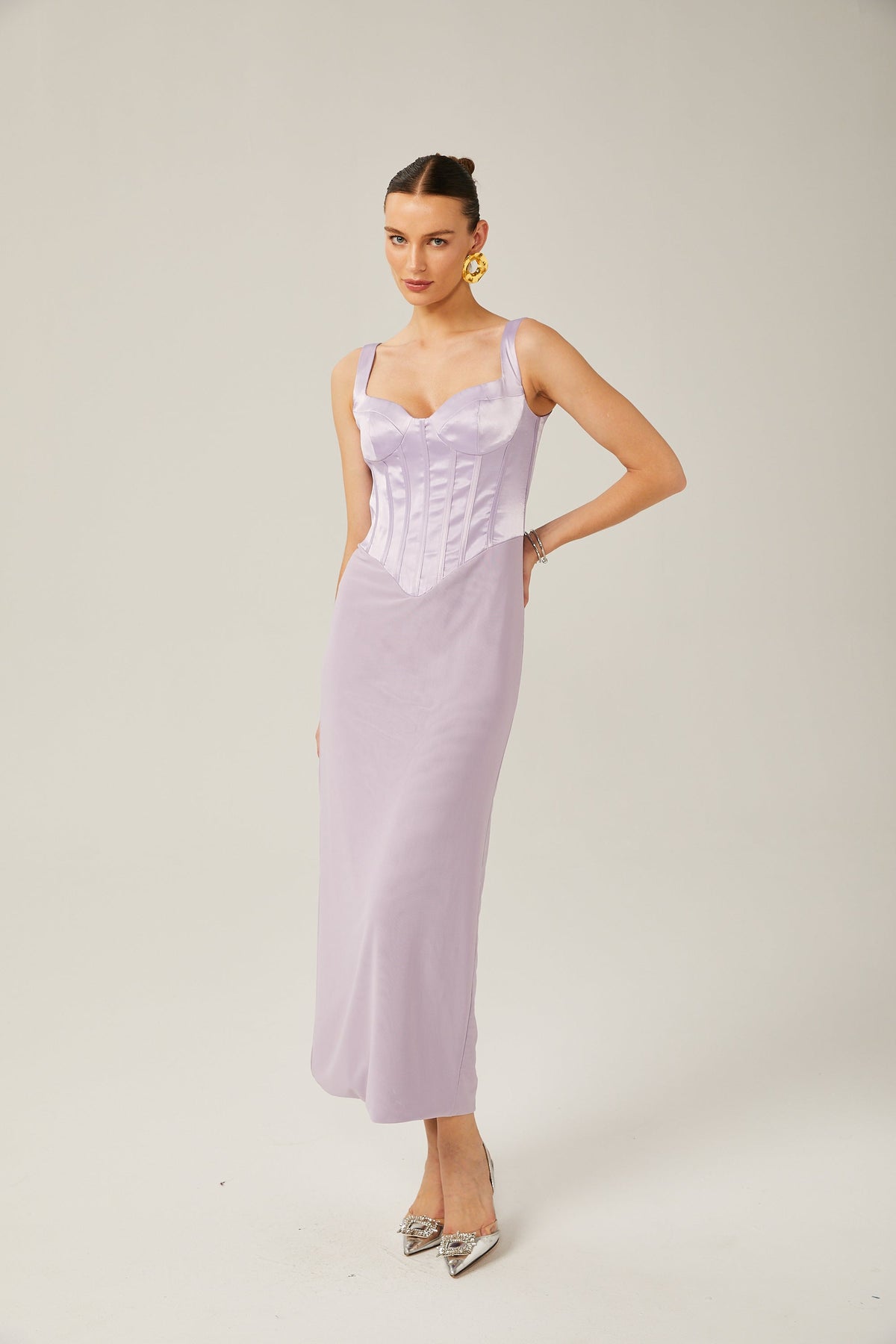 Amelina Mor Saten Korse Midi Elbise