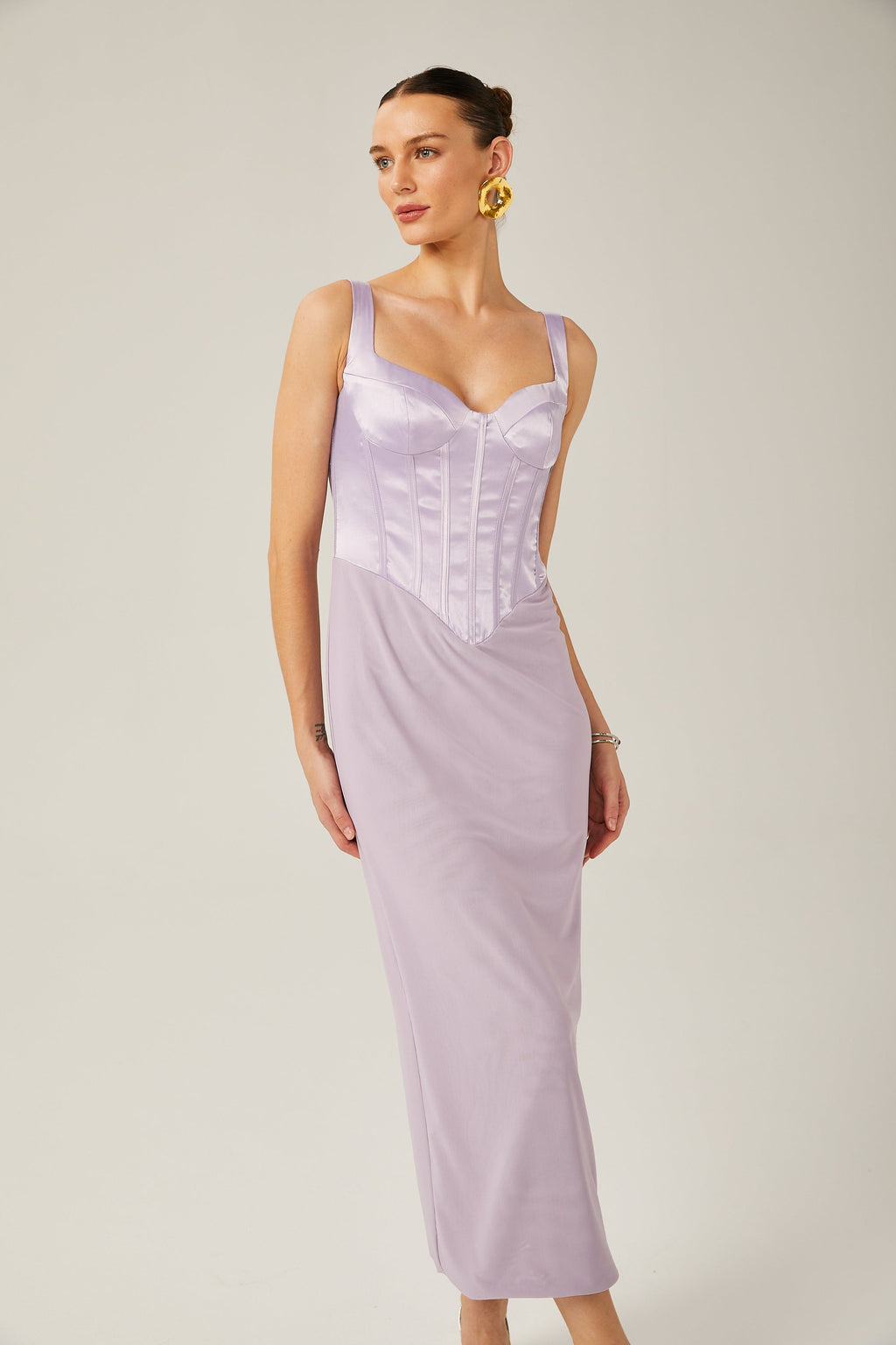 Amelina Mor Saten Korse Midi Elbise
