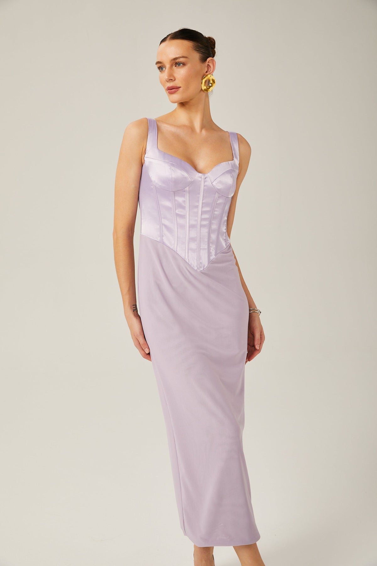 Amelina Mor Saten Korse Midi Elbise