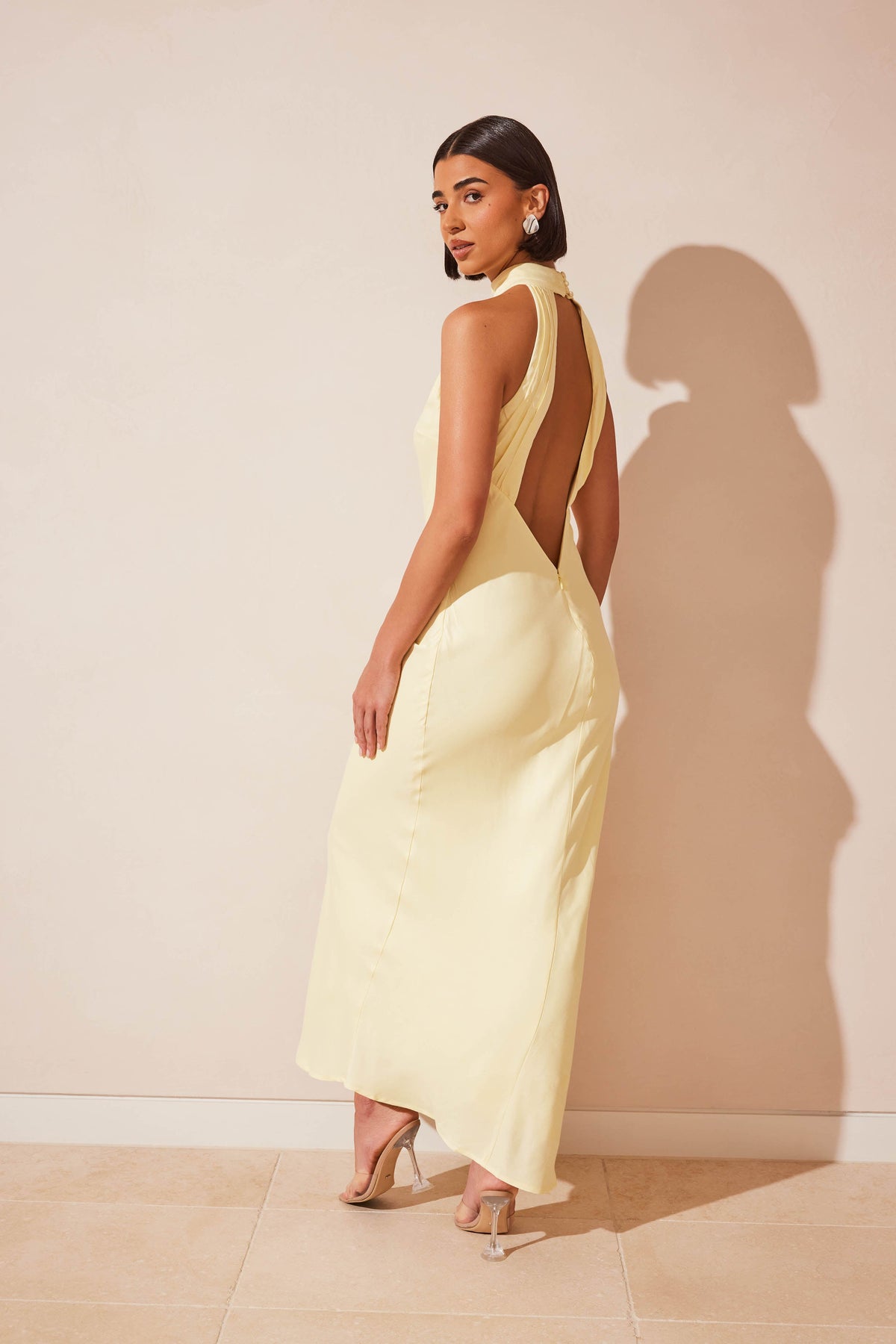 Claire Mat Saten Drape Sırtlı Uzun Elbise - Açık Sarı