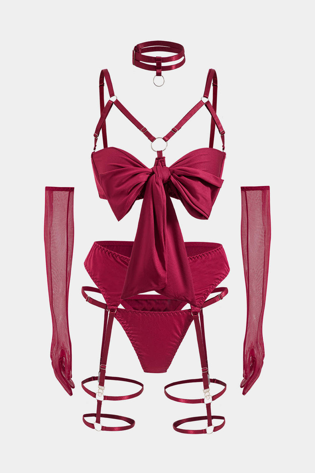 Choker Bağlama Öndeki Kesik Detaylı Lingerie Garter Seti ve Eldiven
