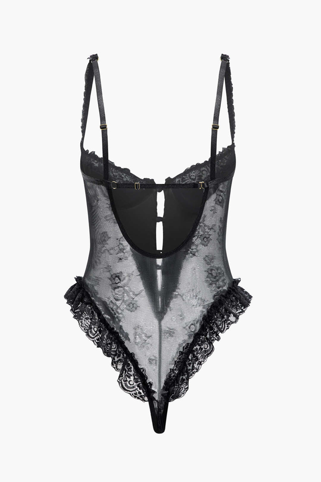 Dantel Volan Düğme Detaylı Kesik Sırt Dekolteli Lingerie Bodysuit