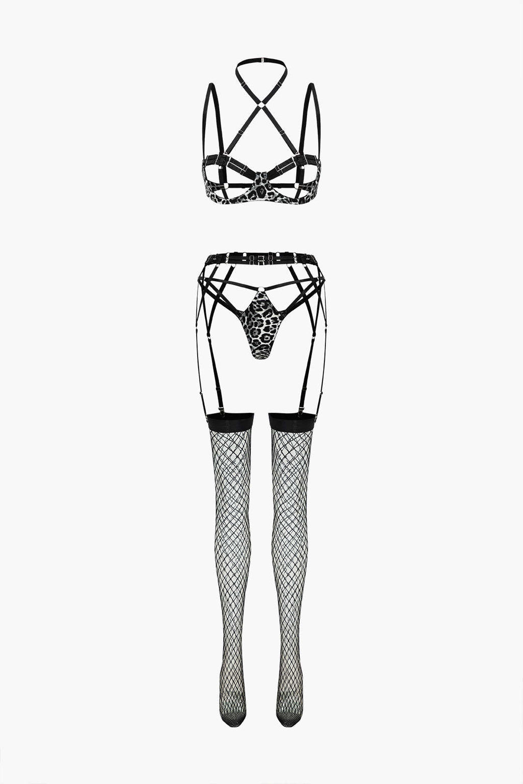 Leopar Desenli Sırt Dekolteli Kuşaklı İç Giyim Garter Seti