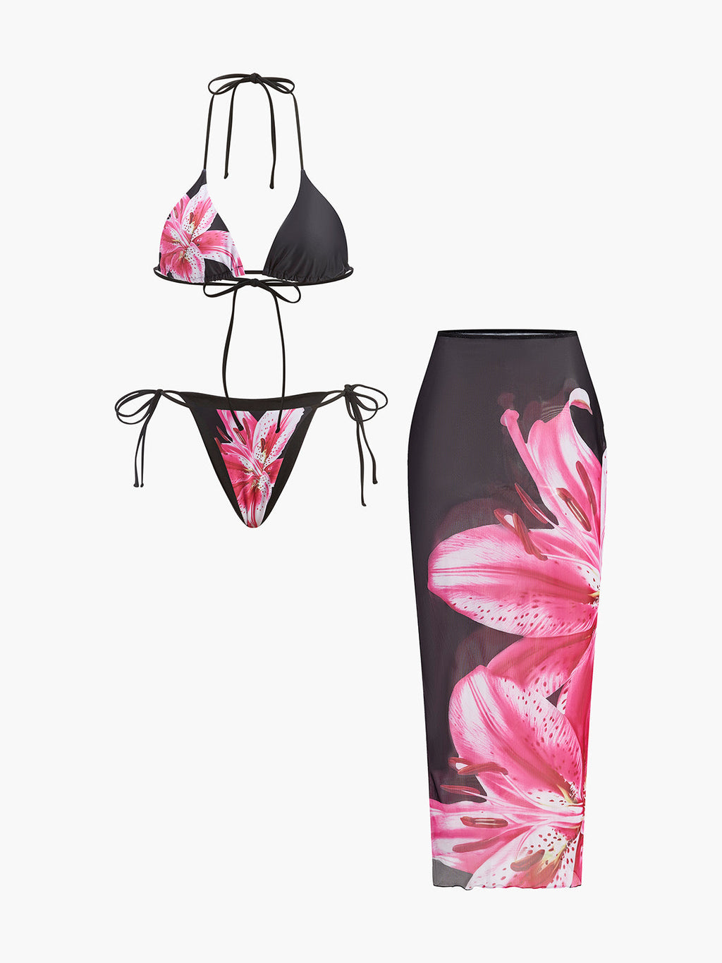 Çiçek Desenli Bikini Yarı Şeffaf Etek ile