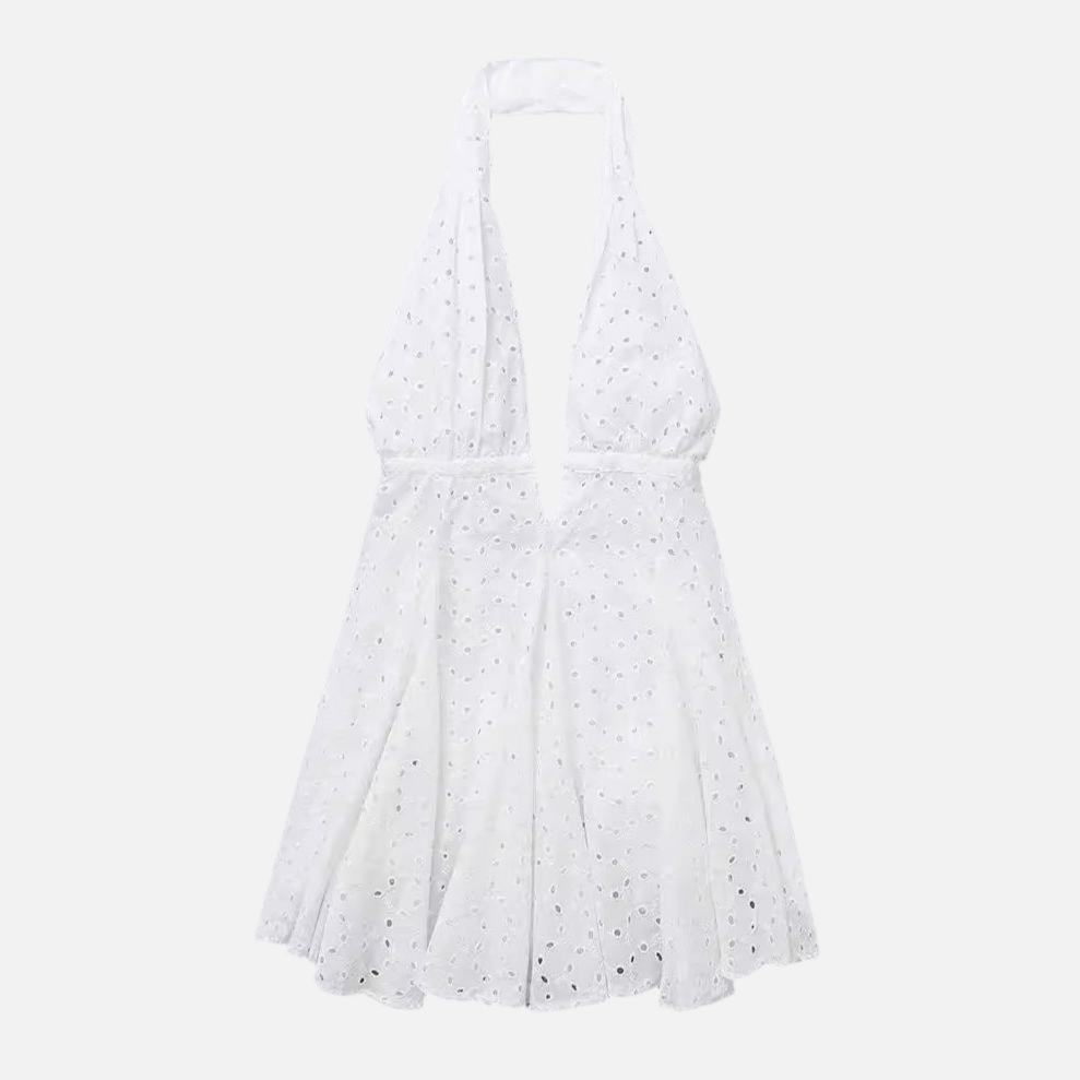Halter Yaka Pamuklu Dantel Mini Elbise