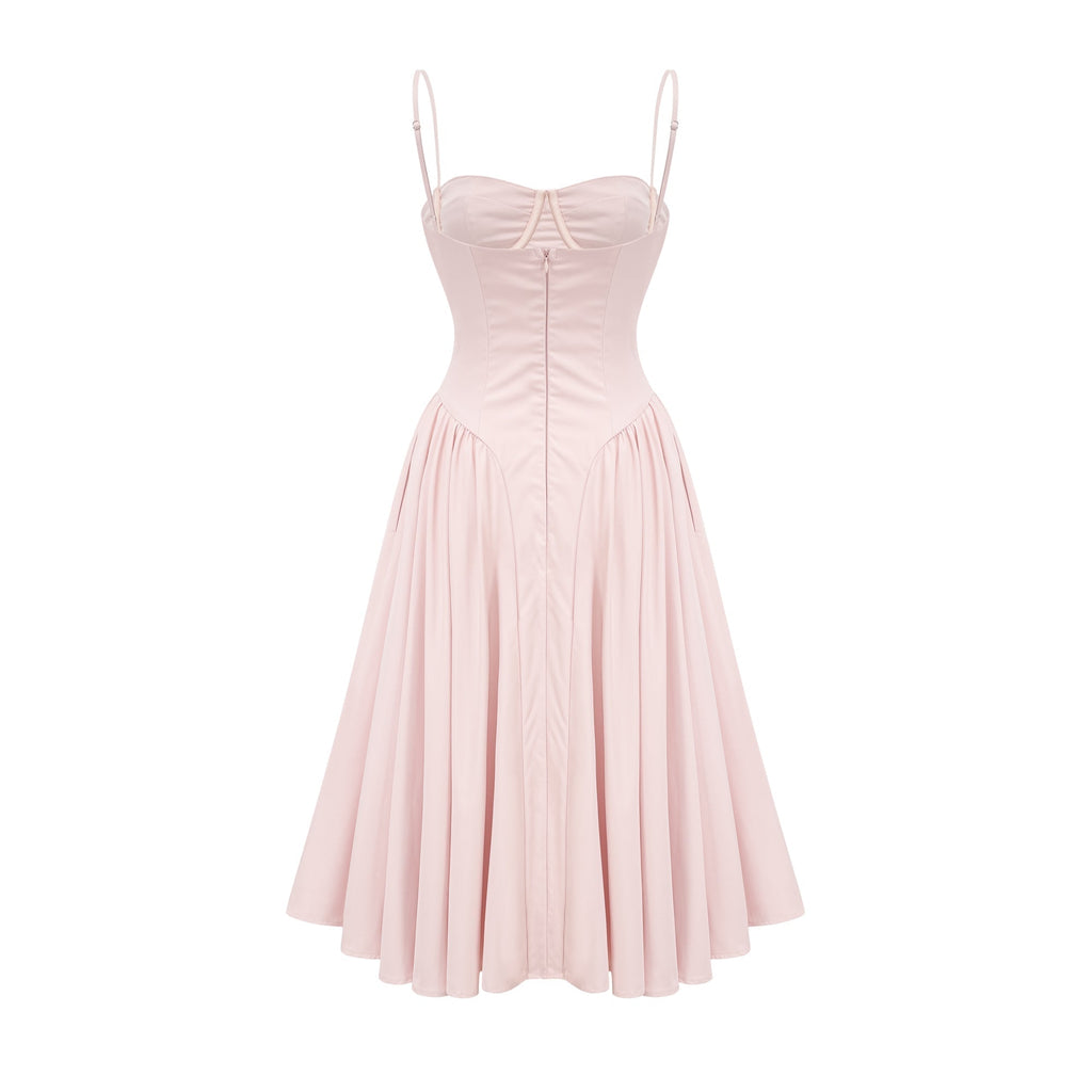 Soleil Pembe Pilili Korse Midi Elbise