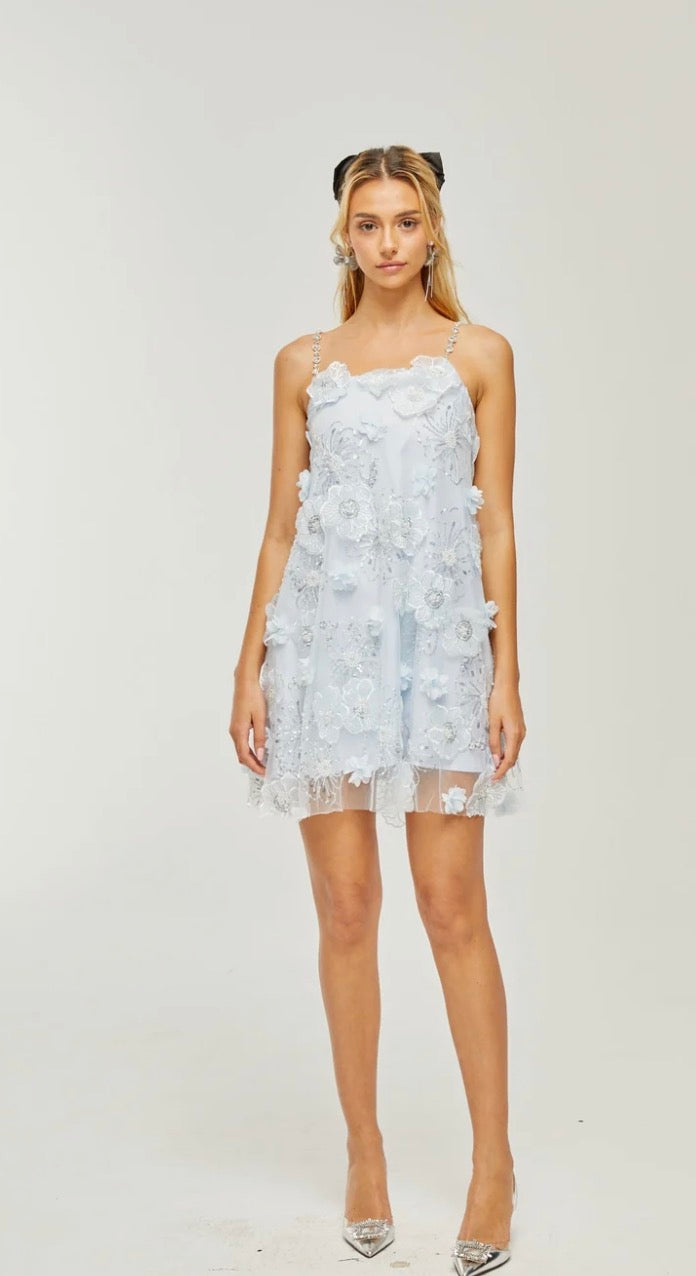 Suzette Kristal İşlemeli Çiçekli Mini Elbise