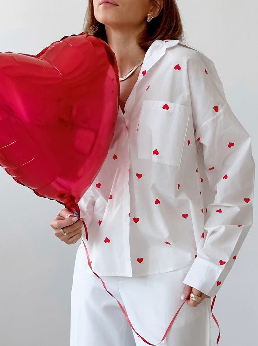 Heart Kalp Desenli Uzun Kollu Cepli Gömlek