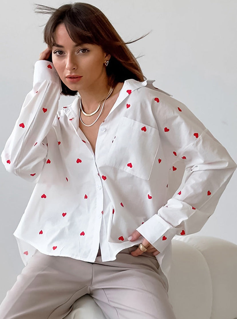 Heart Kalp Desenli Uzun Kollu Cepli Gömlek