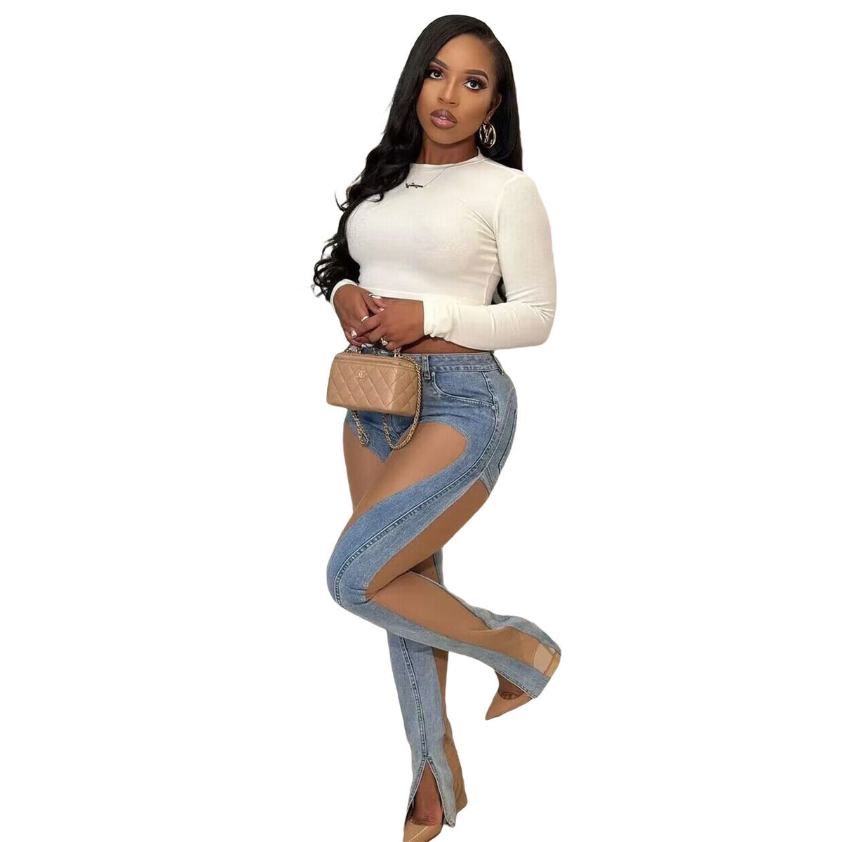 Aélis Şeffaf Panelli Jean Pantolon