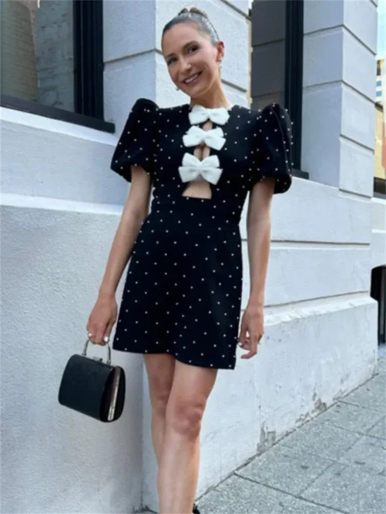 Karpuz Kol Puantiye Baskı Göğüs Detaylı Mini Elbise