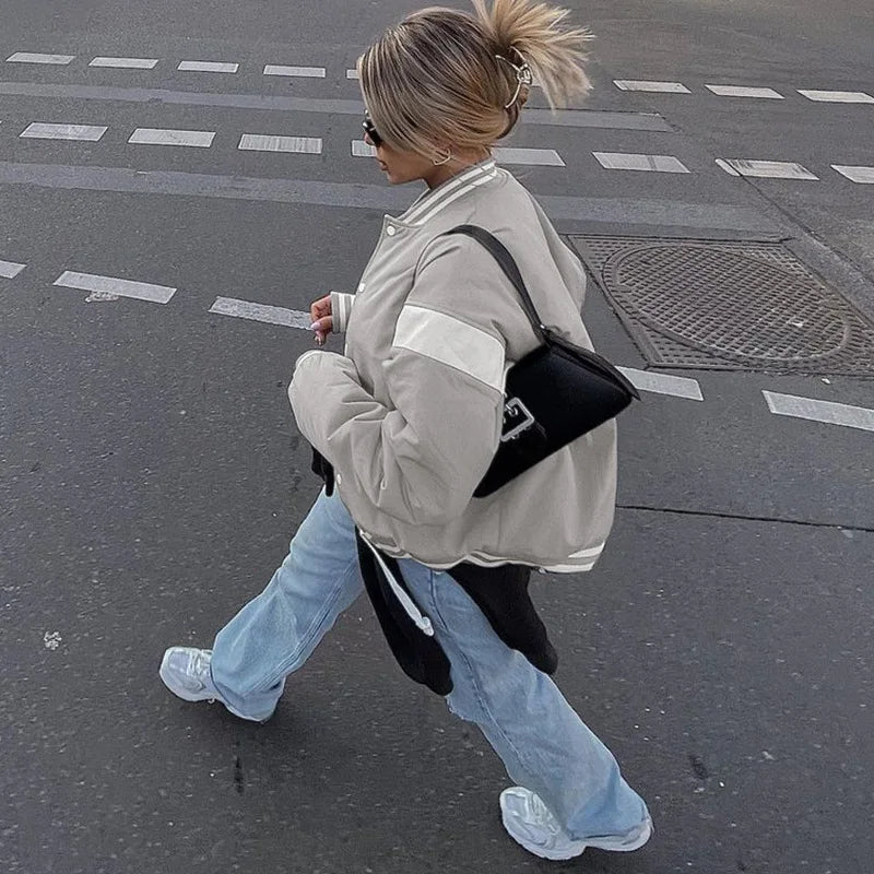 Beyaz Şeritli Bomber Oversize Ceket Mont