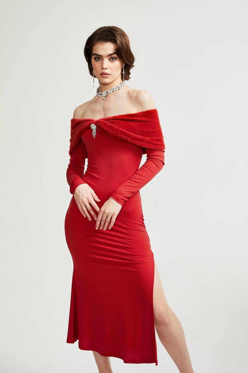 Leonya Kırmızı Omuzları Açık Örme Midi Elbise